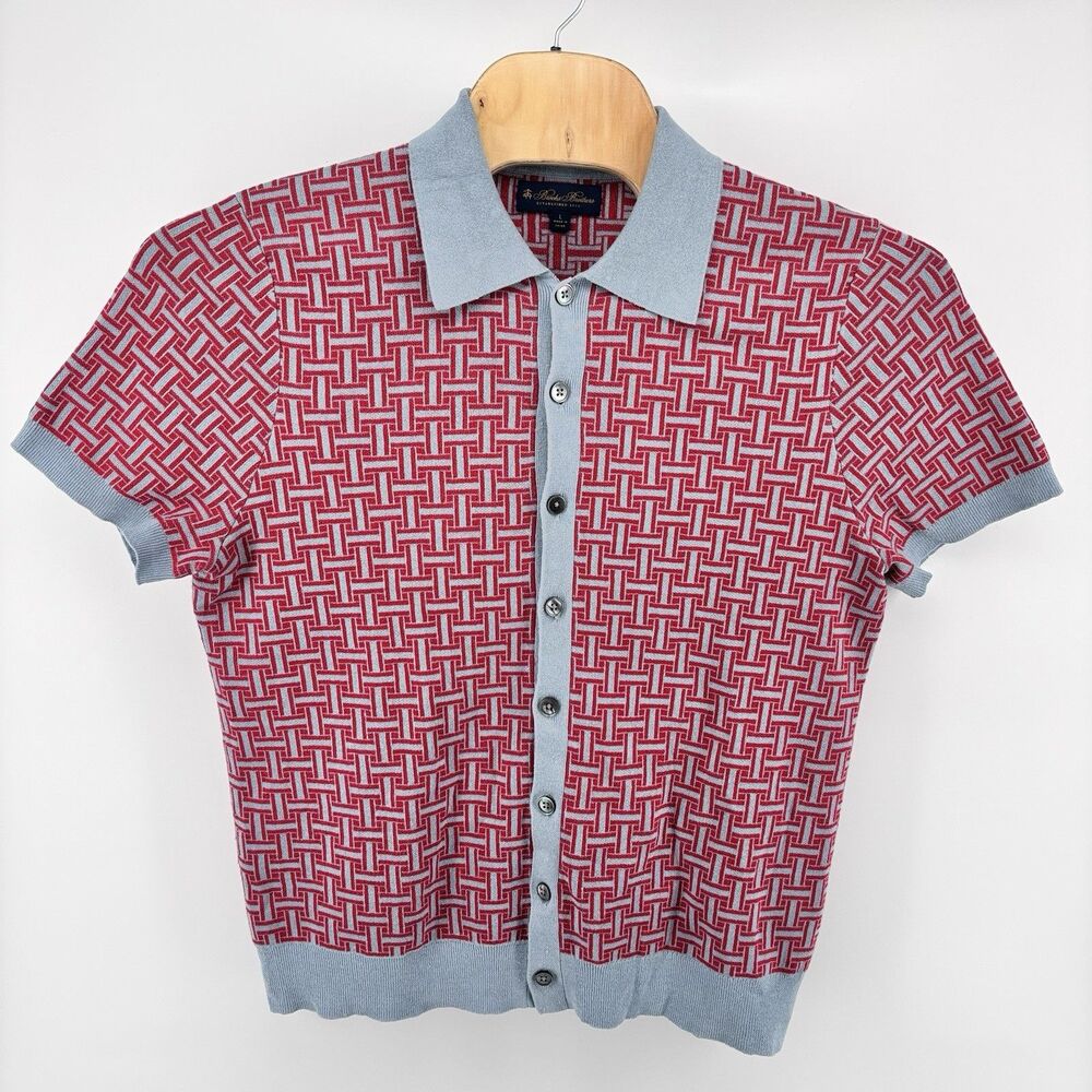 Brooks Brothers Men’s L Linen Blend Polo Cardigan Red Blue Basketweave